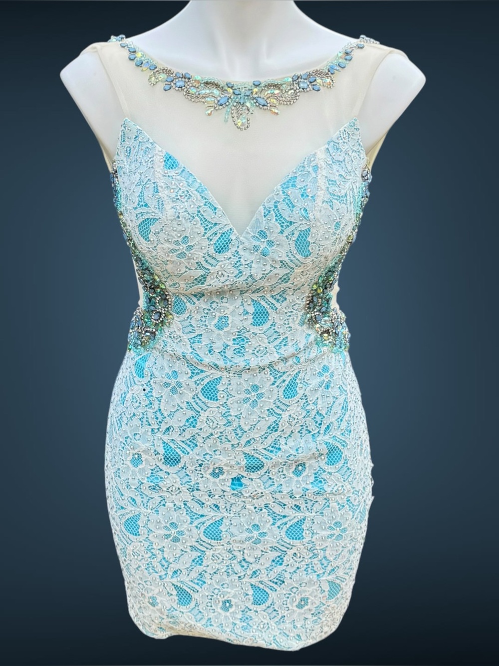 Turquoise Lace Illusion Neck Bead Embellished Bodycon Cocktail Homecoming Dress